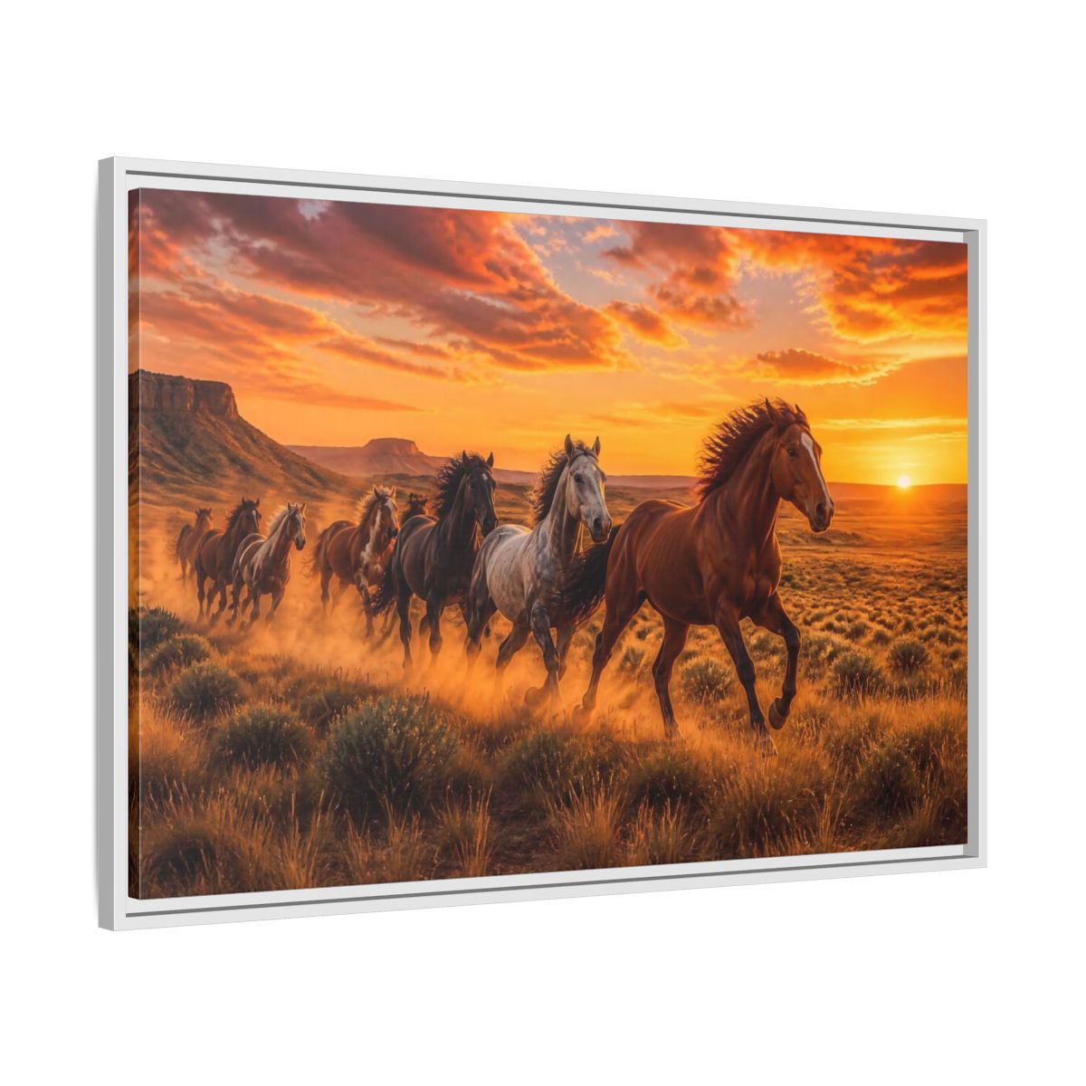 Side Mockup 9. Wild Horses Animals Sunset shown as framed canvas print