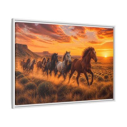 Side Mockup 9. Wild Horses Animals Sunset shown as framed canvas print