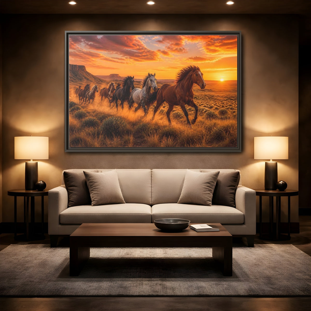Mockup 2. Wild Horses Animals Sunset shown as framed canvas print