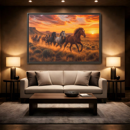 Mockup 2. Wild Horses Animals Sunset shown as framed canvas print