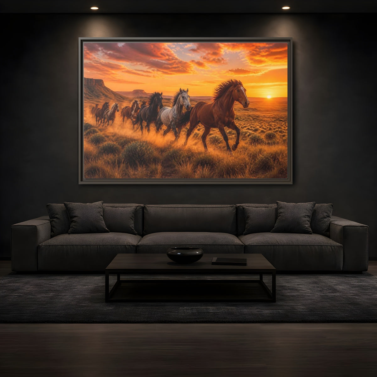Mockup 3. Wild Horses Animals Sunset shown as framed canvas print