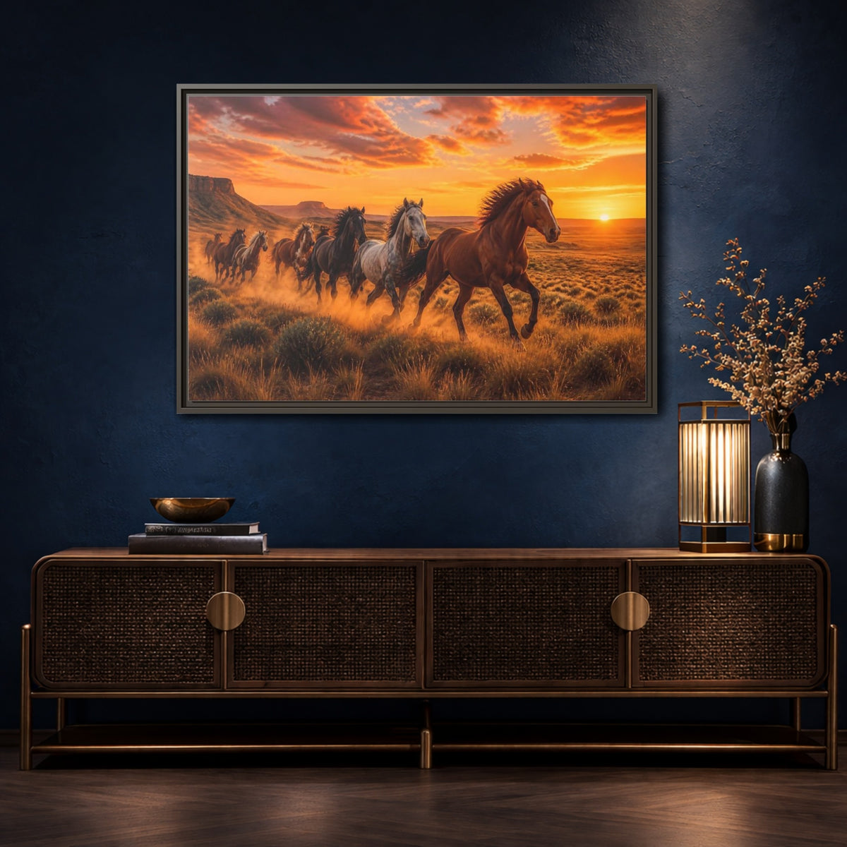 Mockup 4. Wild Horses Animals Sunset shown as framed canvas print