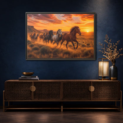 Mockup 4. Wild Horses Animals Sunset shown as framed canvas print