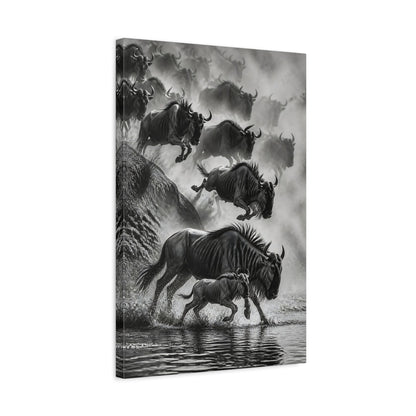 Side Mockup 3. Wildebeest Animals Migration shown as canvas print