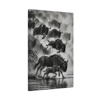 Side Mockup 2. Wildebeest Animals Migration shown as canvas print