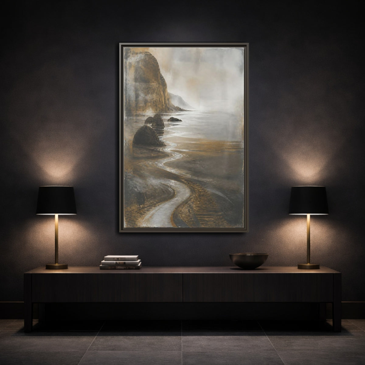 Mockup 3. Winding Rocky Coastline shown as framed canvas print