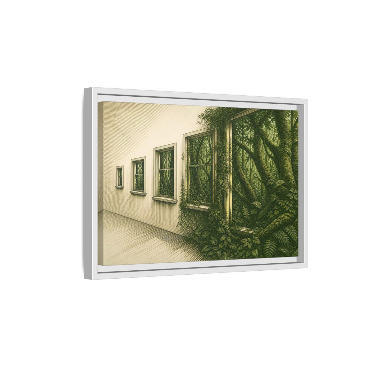 Side Mockup 4. Window To The Moss Forest shown as framed canvas print