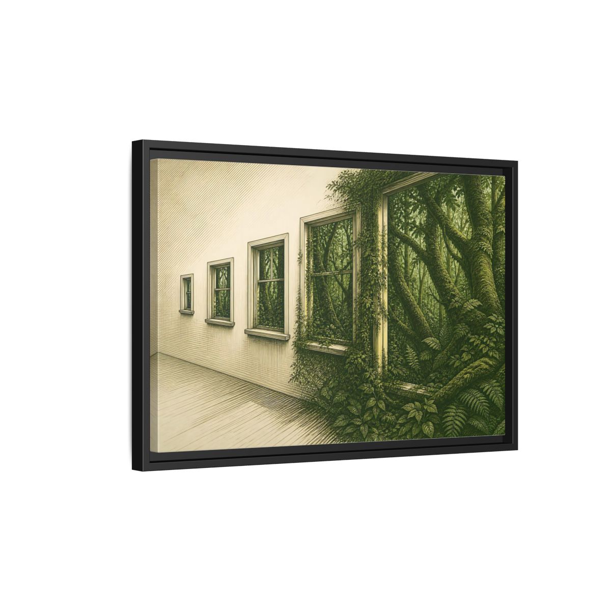 Side Mockup 3. Window To The Moss Forest shown as framed canvas print