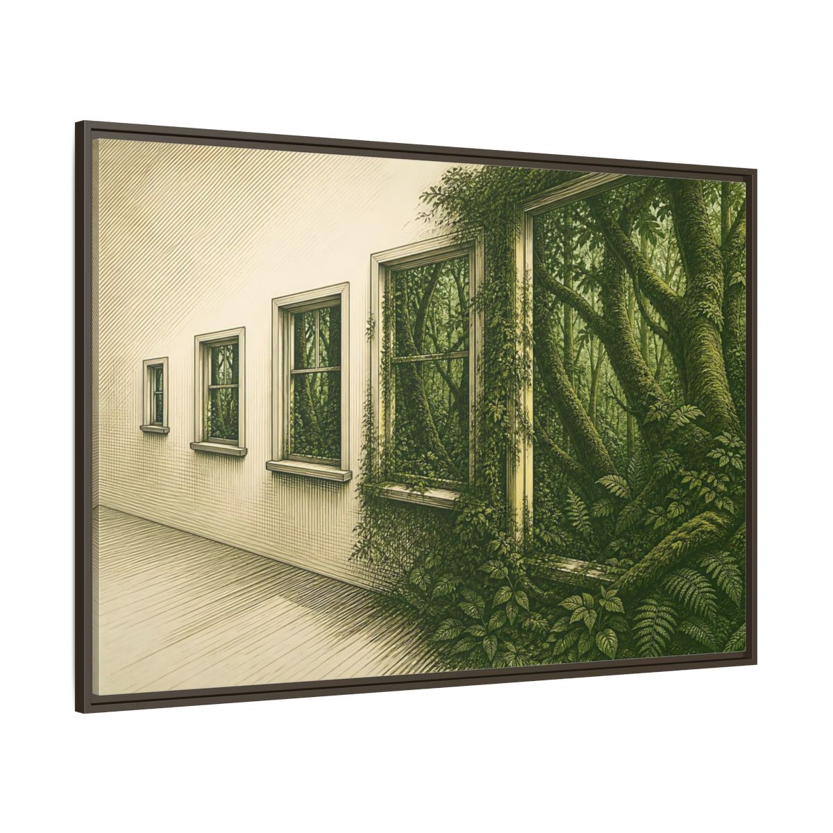 Side Mockup 8. Window To The Moss Forest shown as framed canvas print
