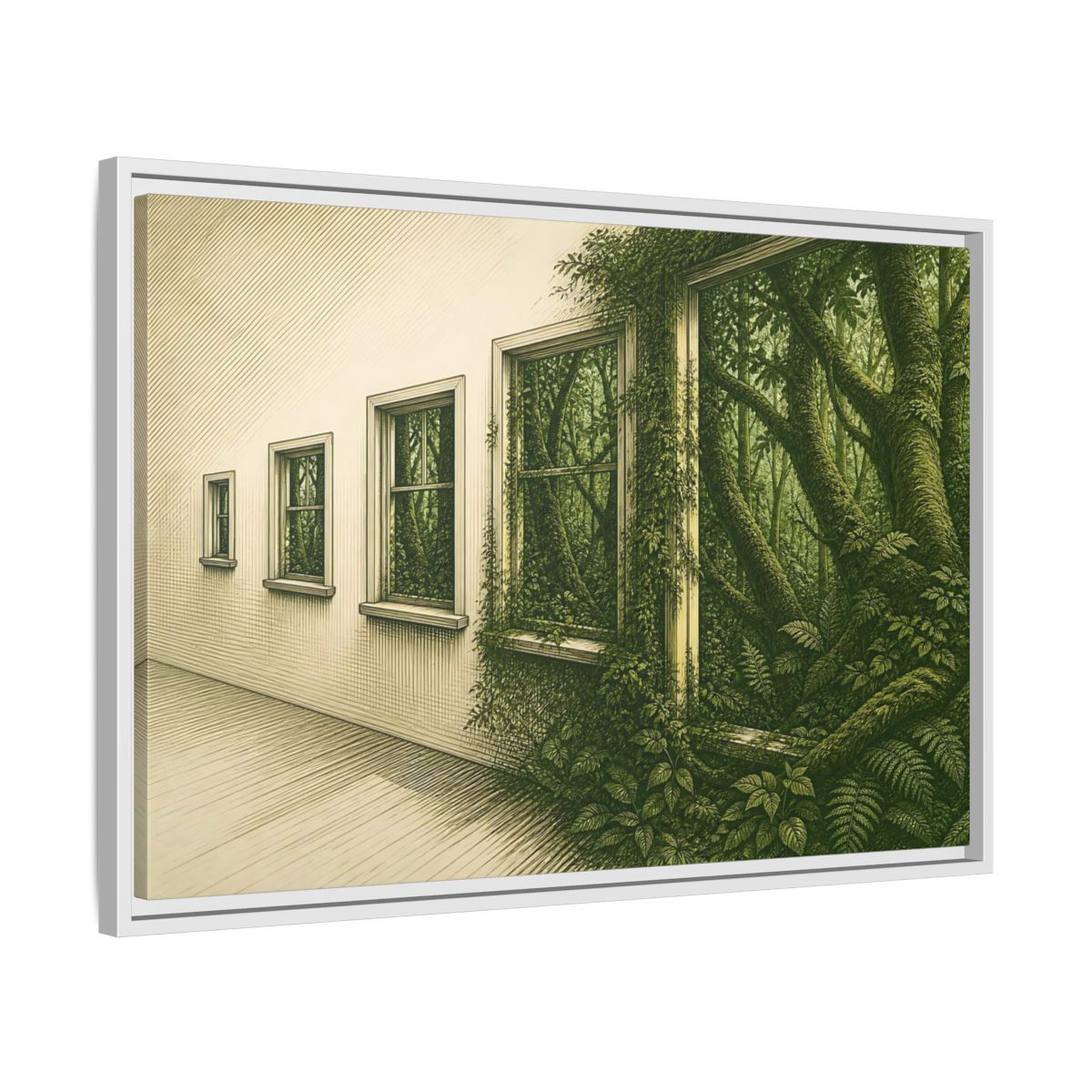 Side Mockup 10. Window To The Moss Forest shown as framed canvas print