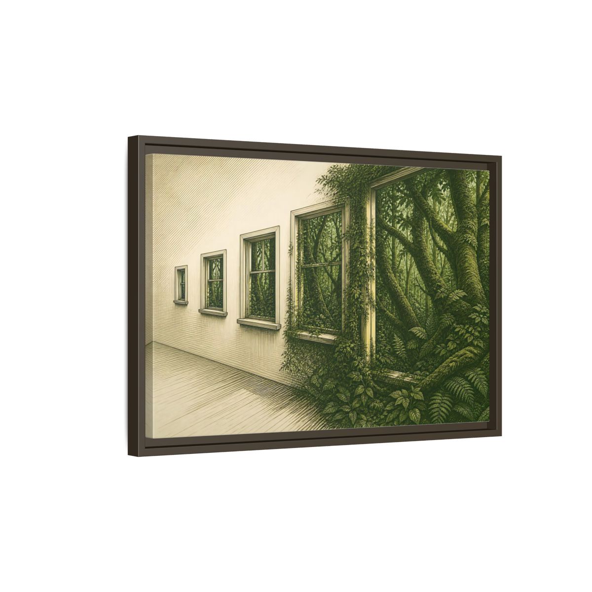 Side Mockup 2. Window To The Moss Forest shown as framed canvas print
