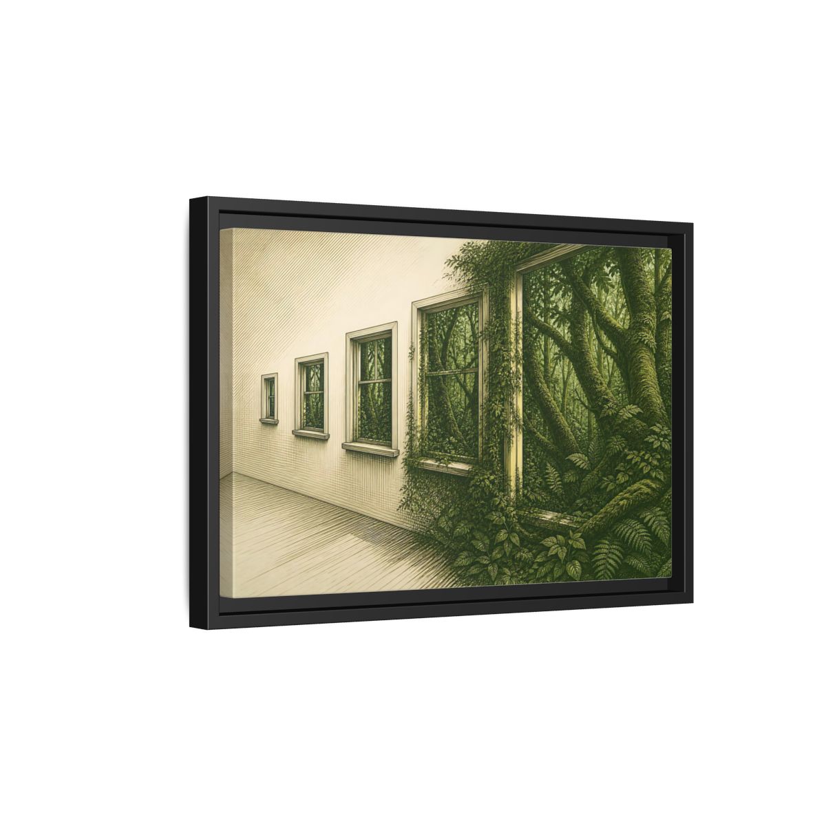 Side Mockup 6. Window To The Moss Forest shown as framed canvas print