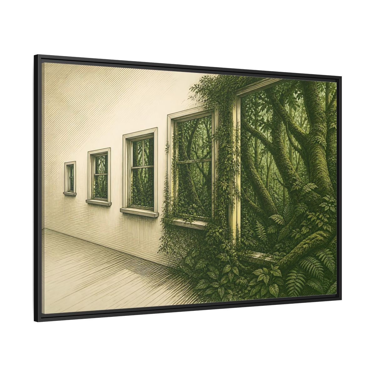 Side Mockup 12. Window To The Moss Forest shown as framed canvas print