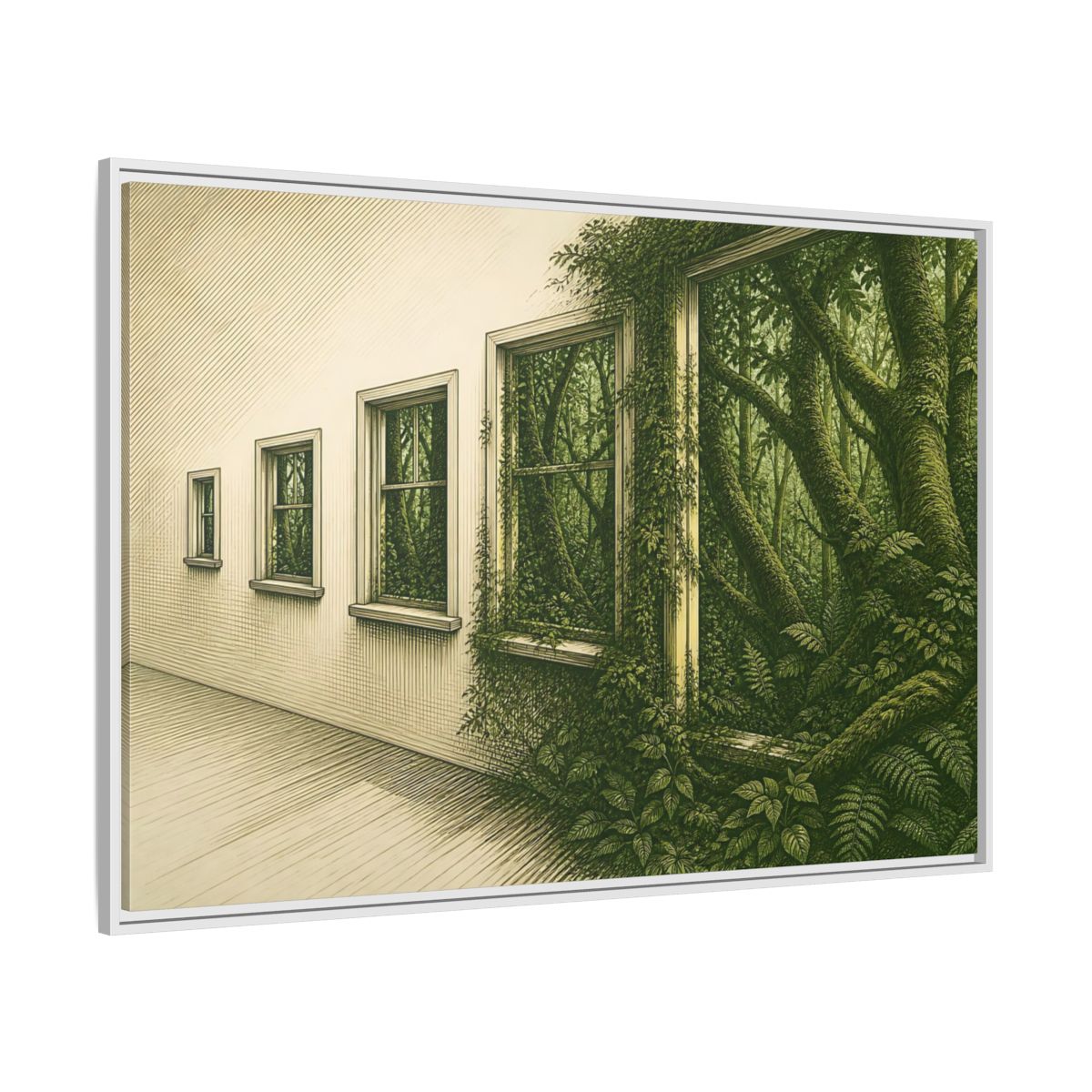 Side Mockup 7. Window To The Moss Forest shown as framed canvas print