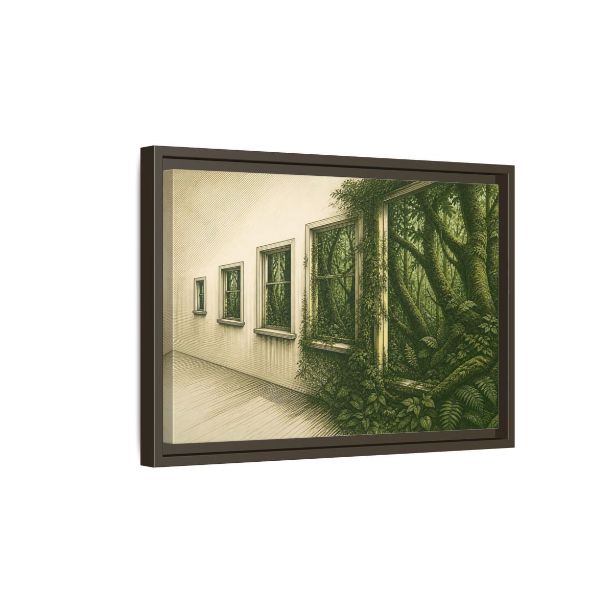Side Mockup 5. Window To The Moss Forest shown as framed canvas print