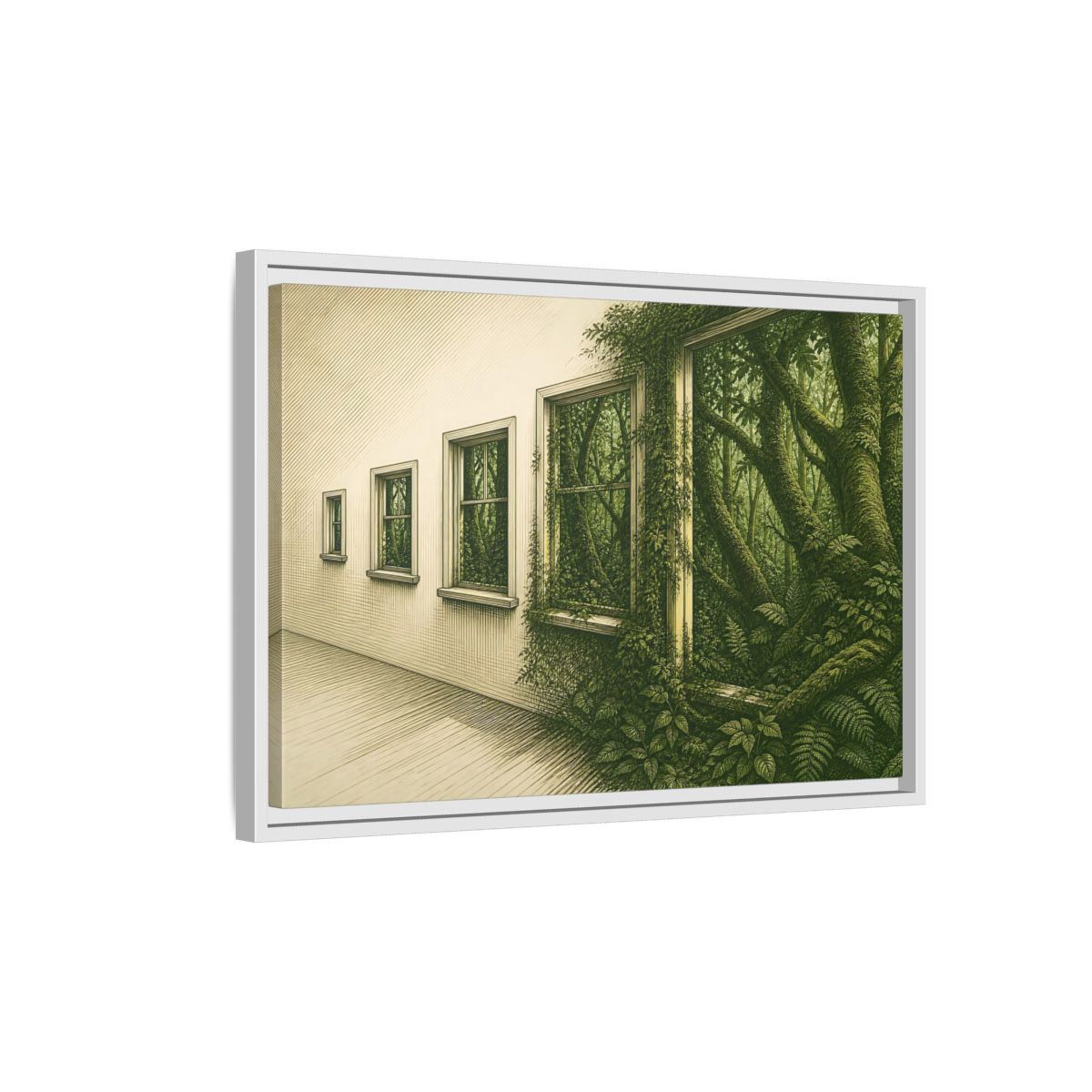 Side Mockup 1. Window To The Moss Forest shown as framed canvas print