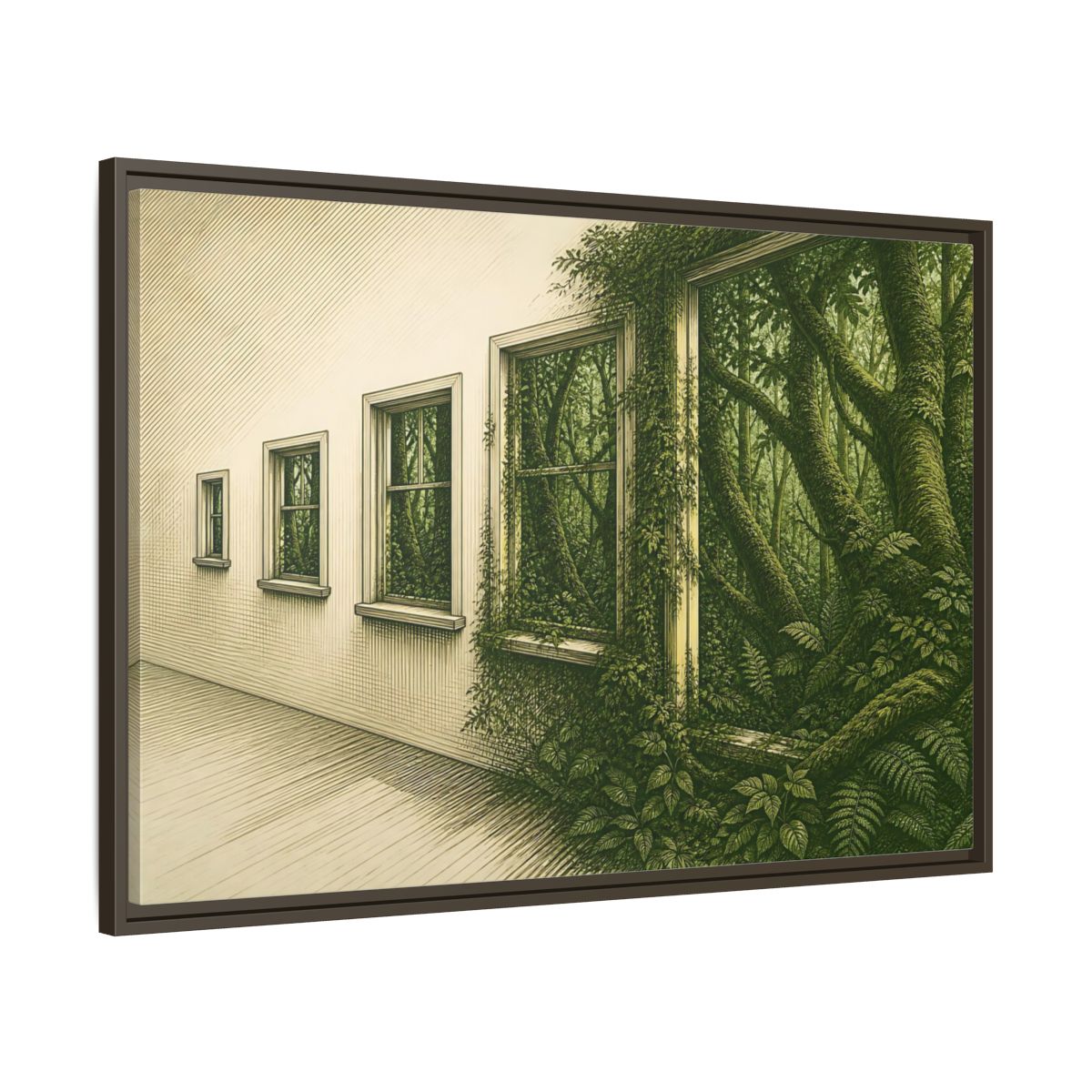 Main Mockup. Window To The Moss Forest shown as framed canvas print
