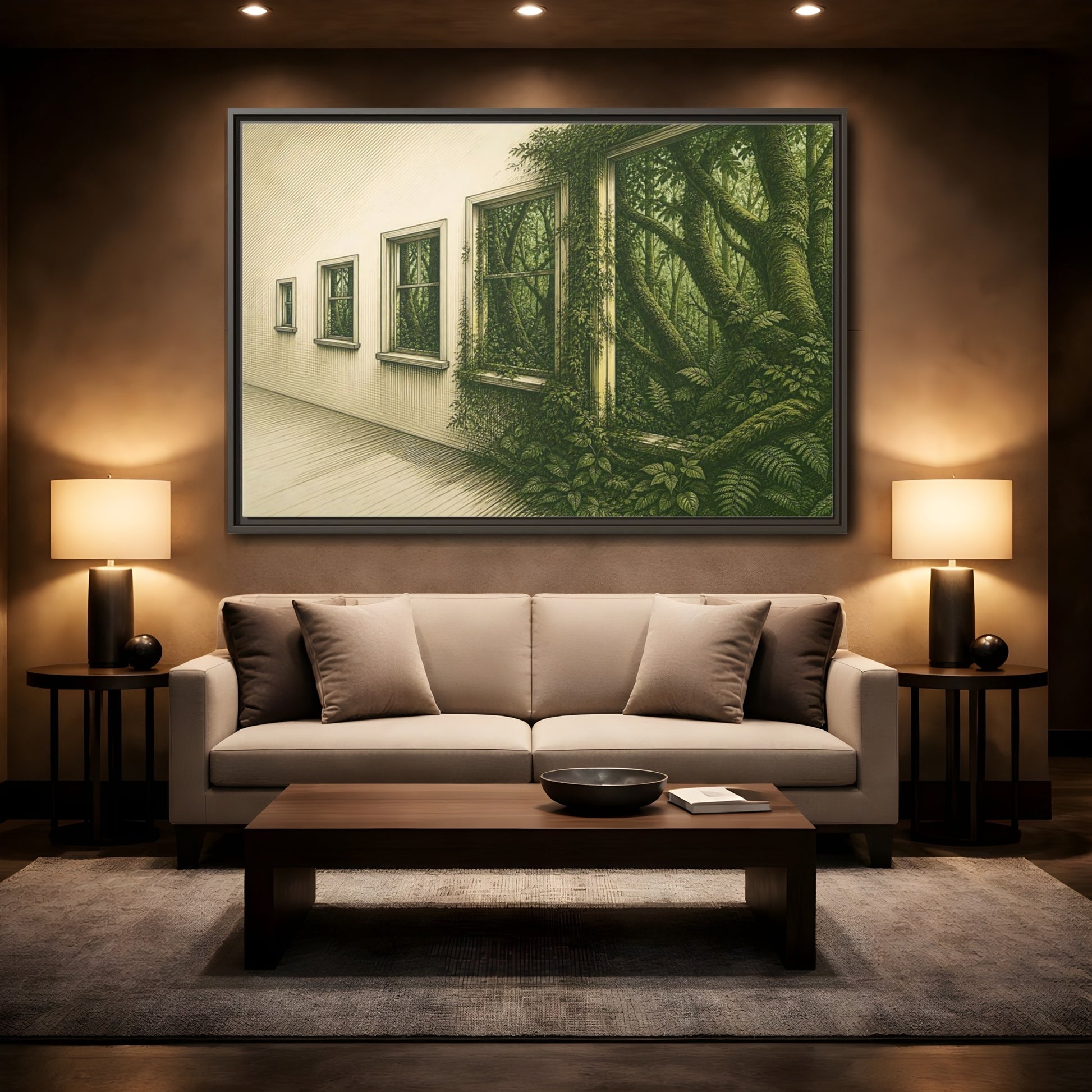 Mockup 2. Window To The Moss Forest shown as framed canvas print