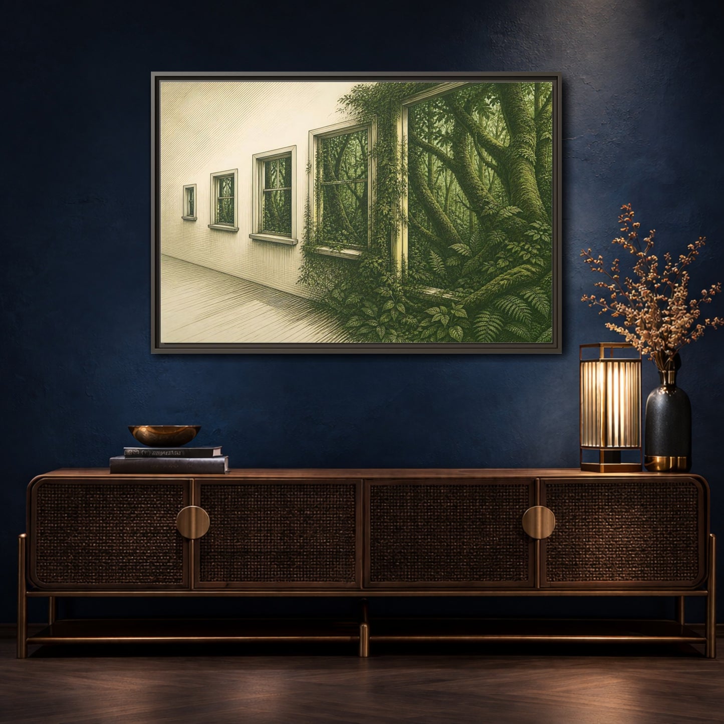 Mockup 4. Window To The Moss Forest shown as framed canvas print