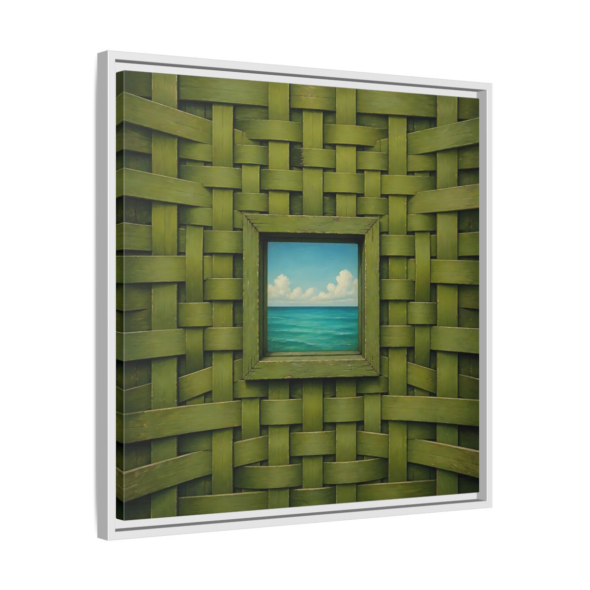 Side Mockup 26. Window To The Turquoise Sea shown as framed canvas print