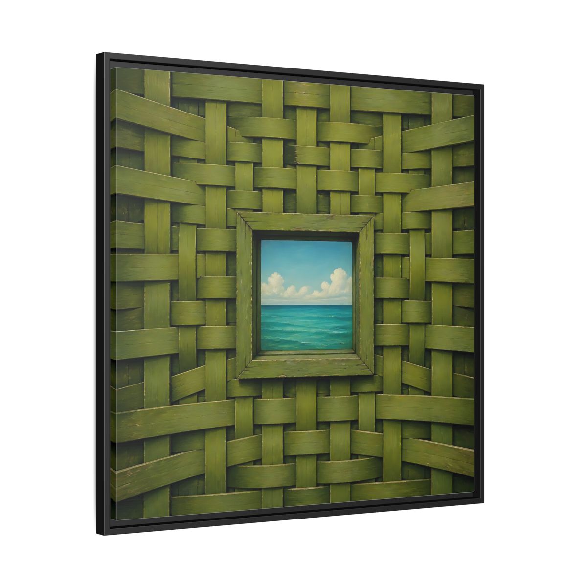 Side Mockup 30. Window To The Turquoise Sea shown as framed canvas print