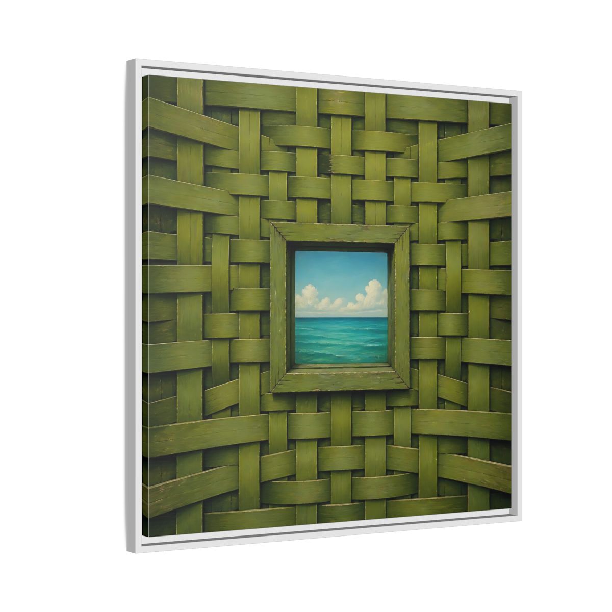 Side Mockup 7. Window To The Turquoise Sea shown as framed canvas print
