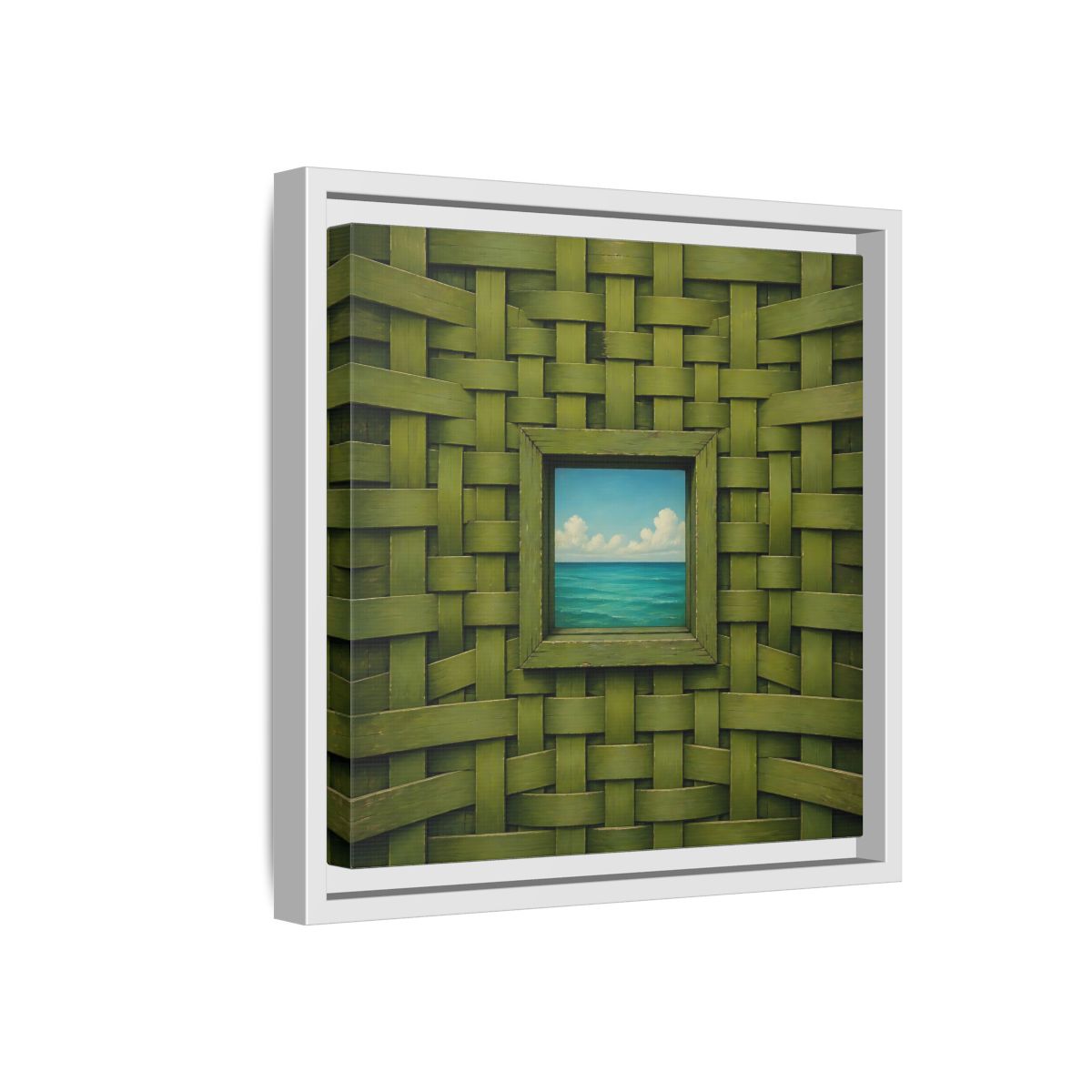 Side Mockup 16. Window To The Turquoise Sea shown as framed canvas print