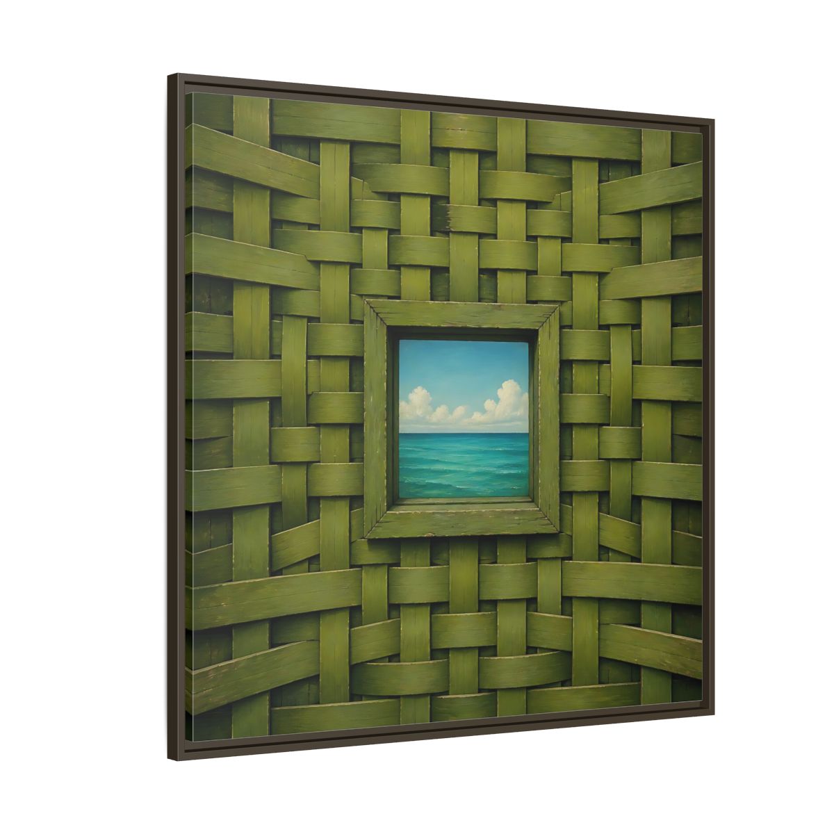 Side Mockup 5. Window To The Turquoise Sea shown as framed canvas print