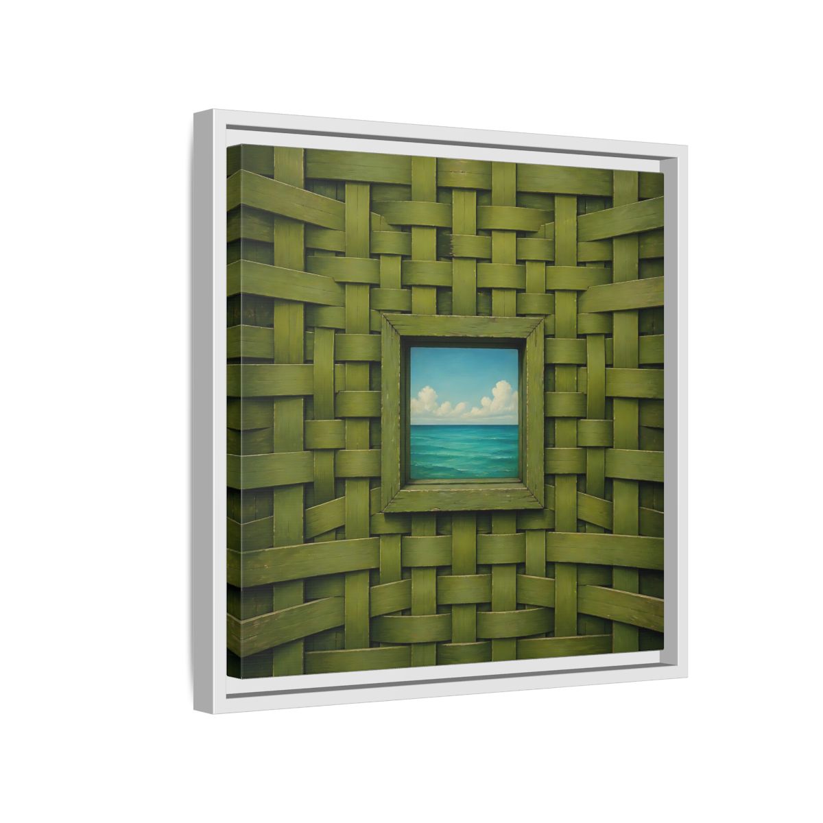 Side Mockup 13. Window To The Turquoise Sea shown as framed canvas print
