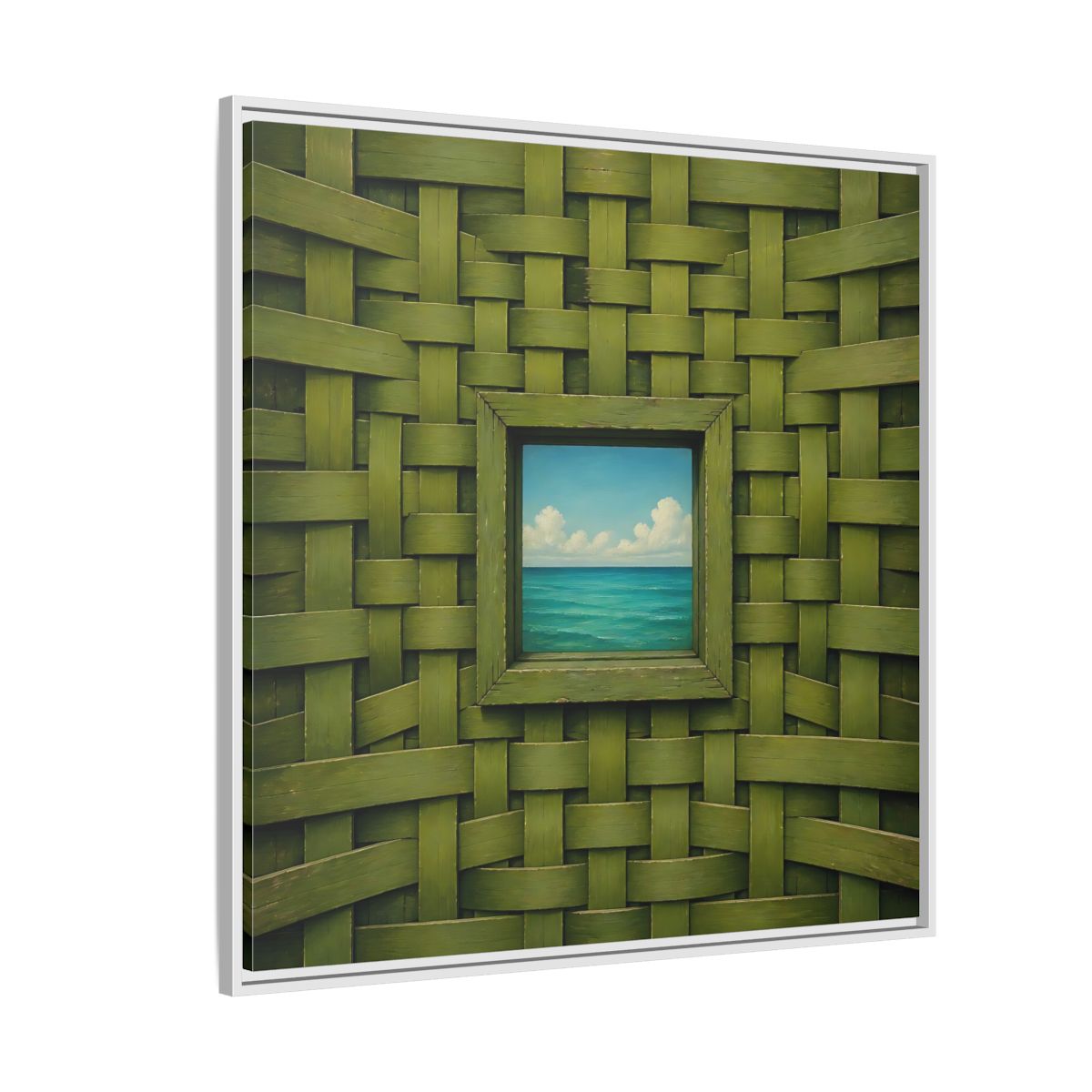 Side Mockup 4. Window To The Turquoise Sea shown as framed canvas print