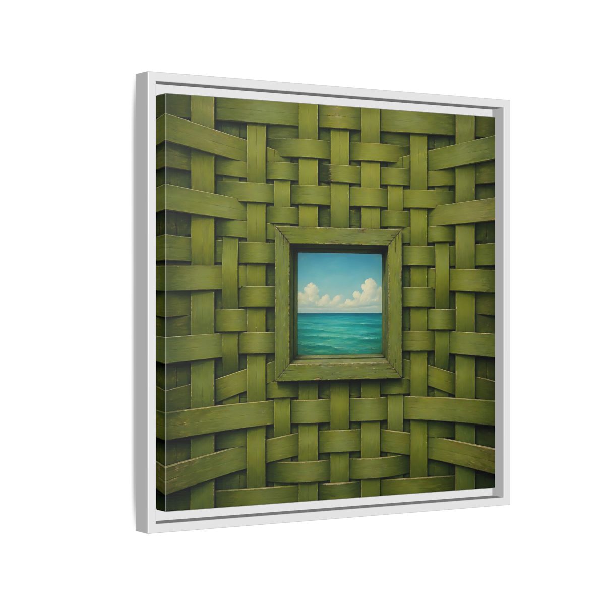 Side Mockup 10. Window To The Turquoise Sea shown as framed canvas print