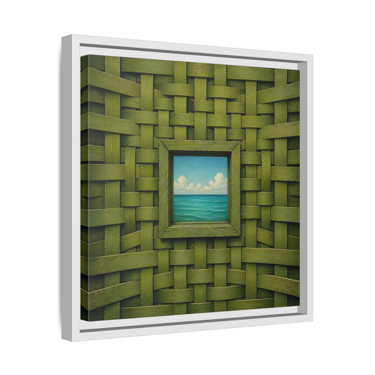 Side Mockup 28. Window To The Turquoise Sea shown as framed canvas print
