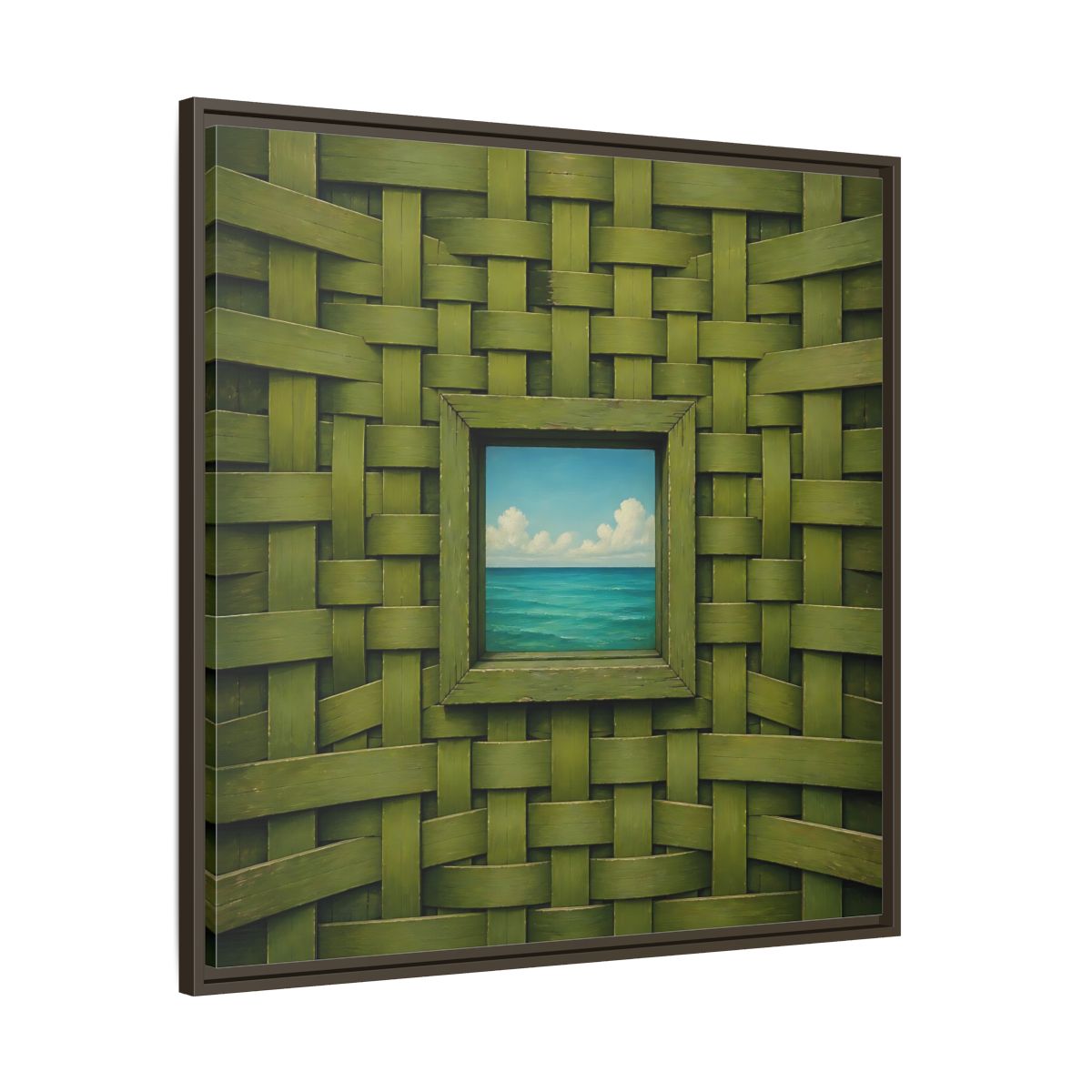 Main Mockup. Window To The Turquoise Sea shown as framed canvas print