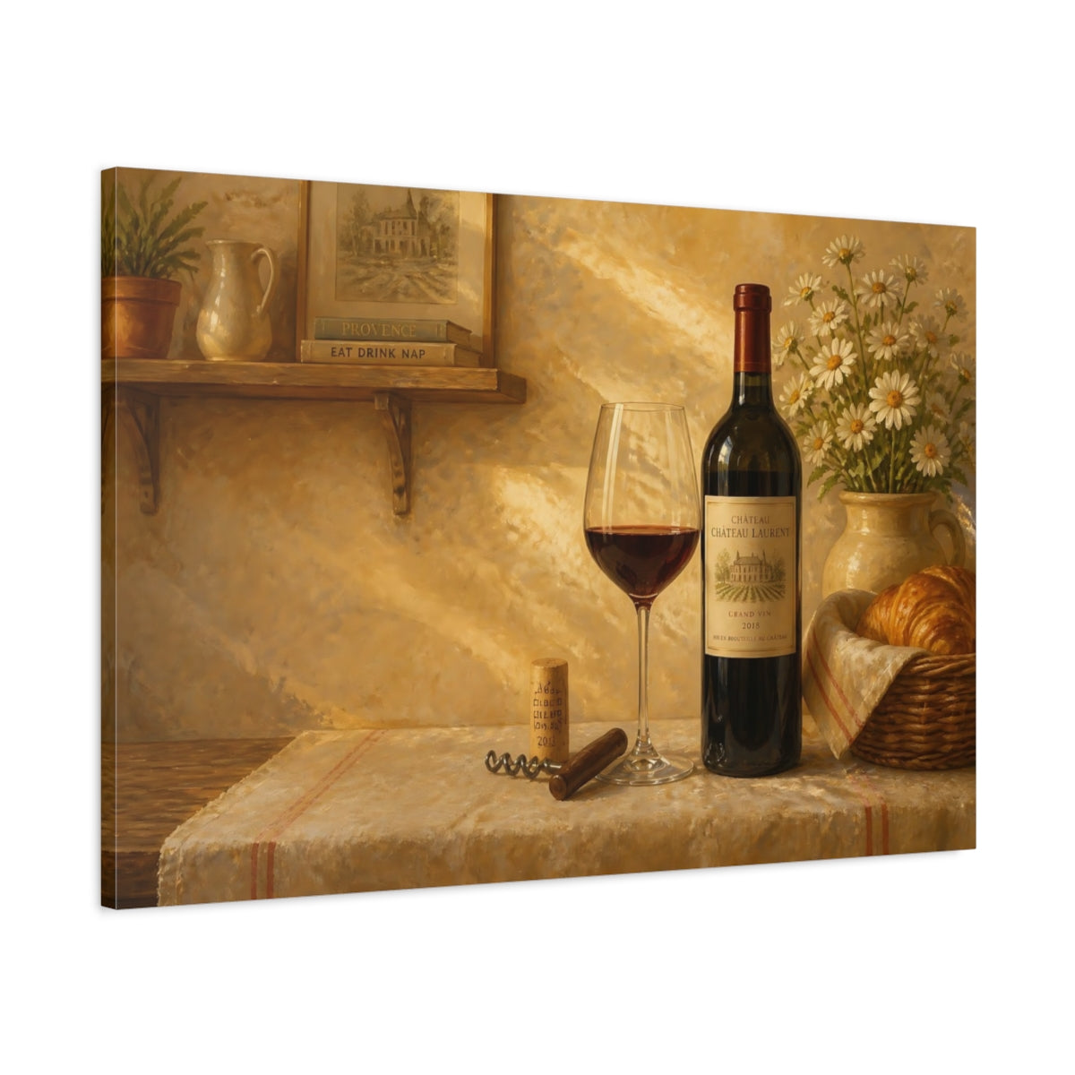 Main Mockup. Wine Bottle With Daisies shown as canvas print
