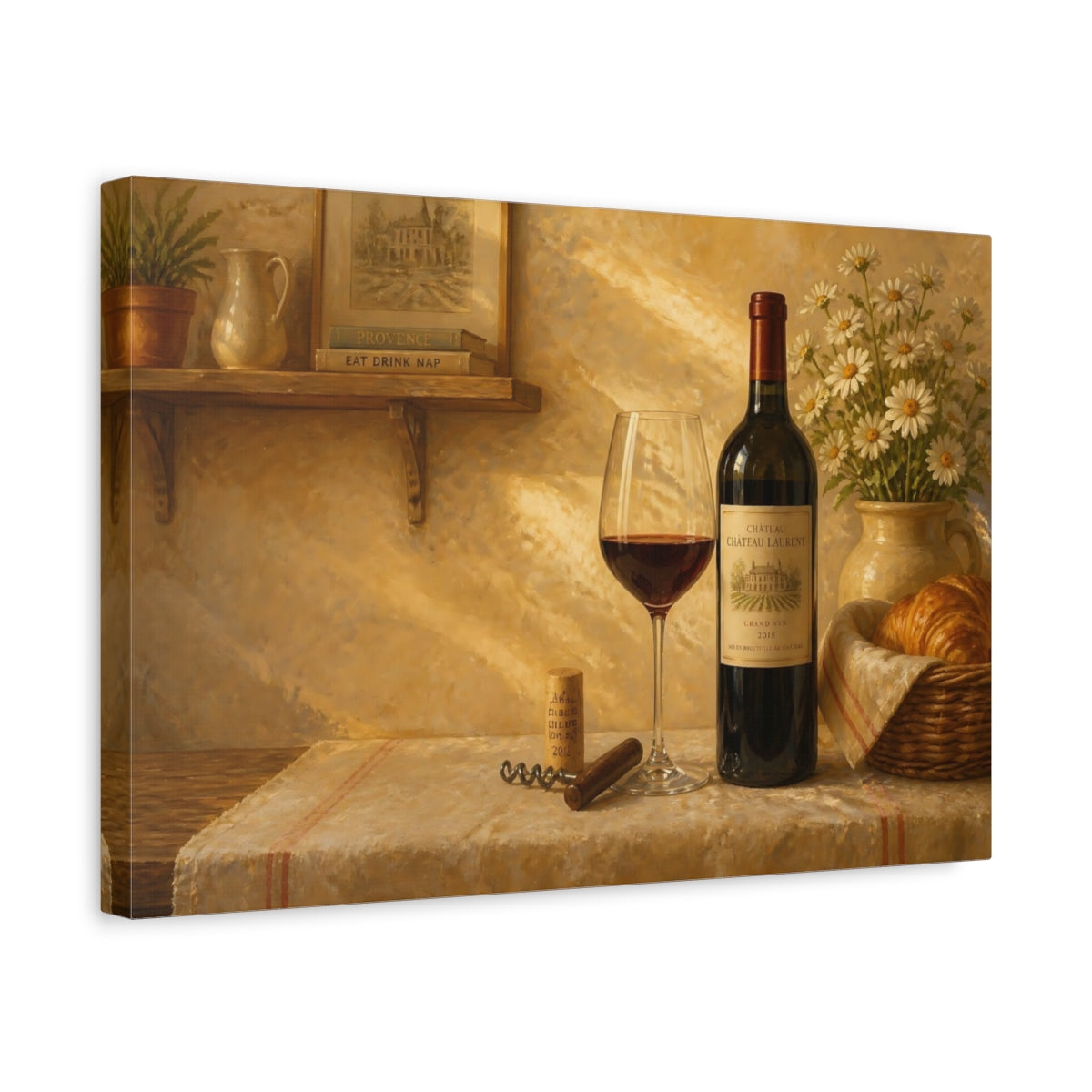 Side Mockup 4. Wine Bottle With Daisies shown as canvas print