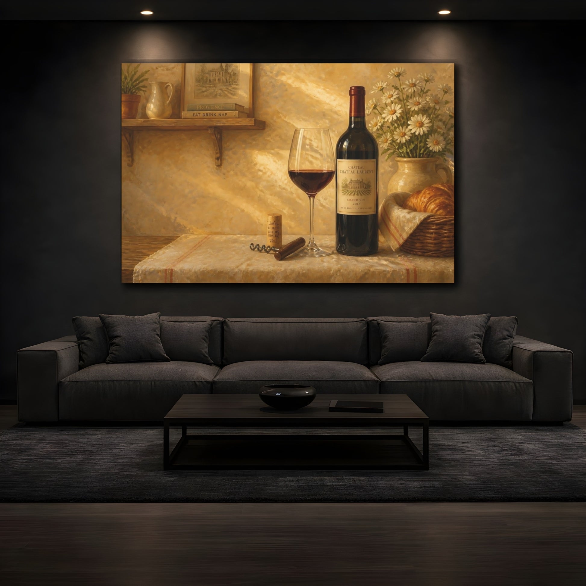 Mockup 3. Wine Bottle With Daisies shown as canvas print
