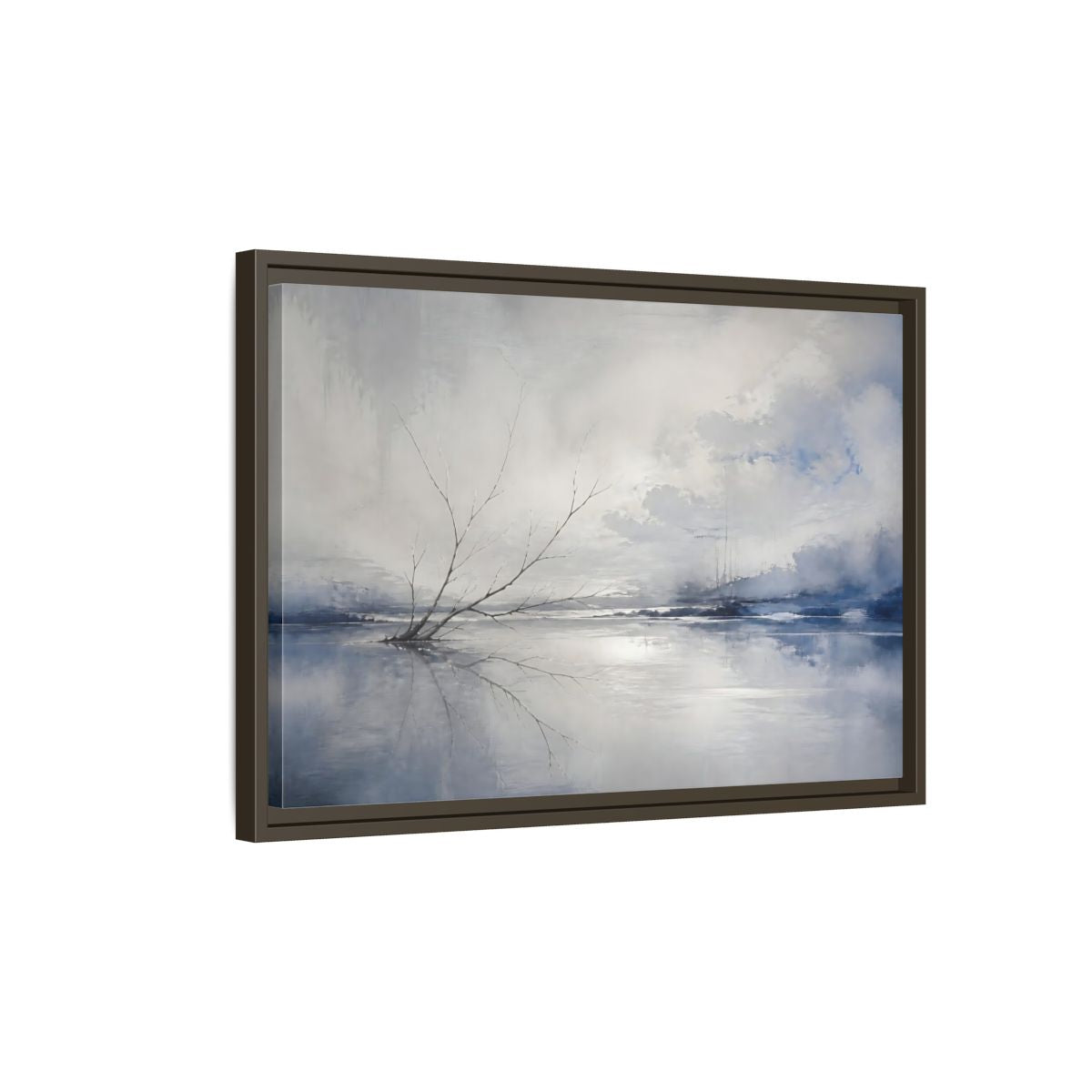 Side Mockup 2. Winter Branch Reflection shown as framed canvas print