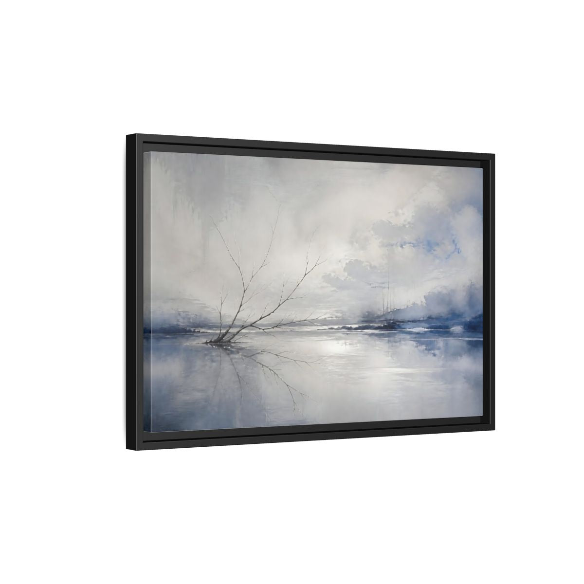 Side Mockup 3. Winter Branch Reflection shown as framed canvas print