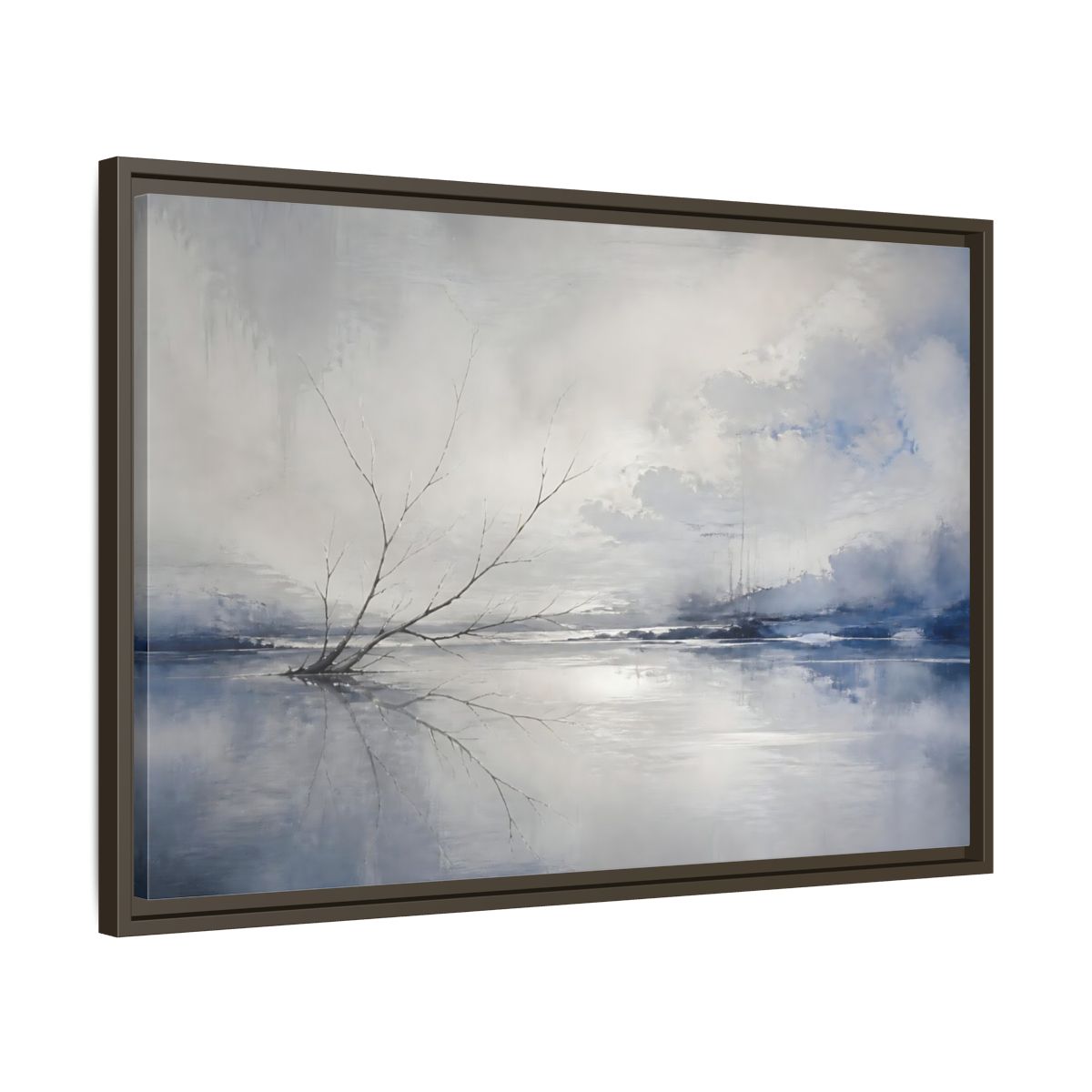 Side Mockup 11. Winter Branch Reflection shown as framed canvas print
