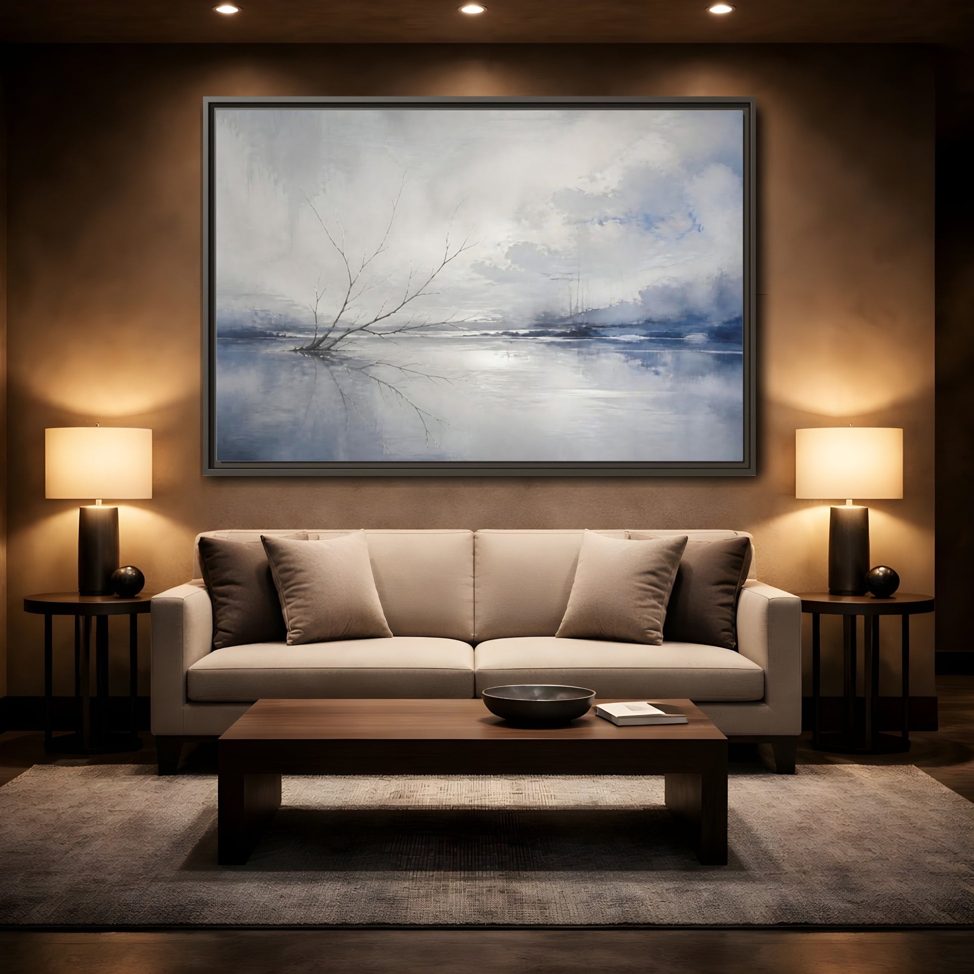 Mockup 2. Winter Branch Reflection shown as framed canvas print