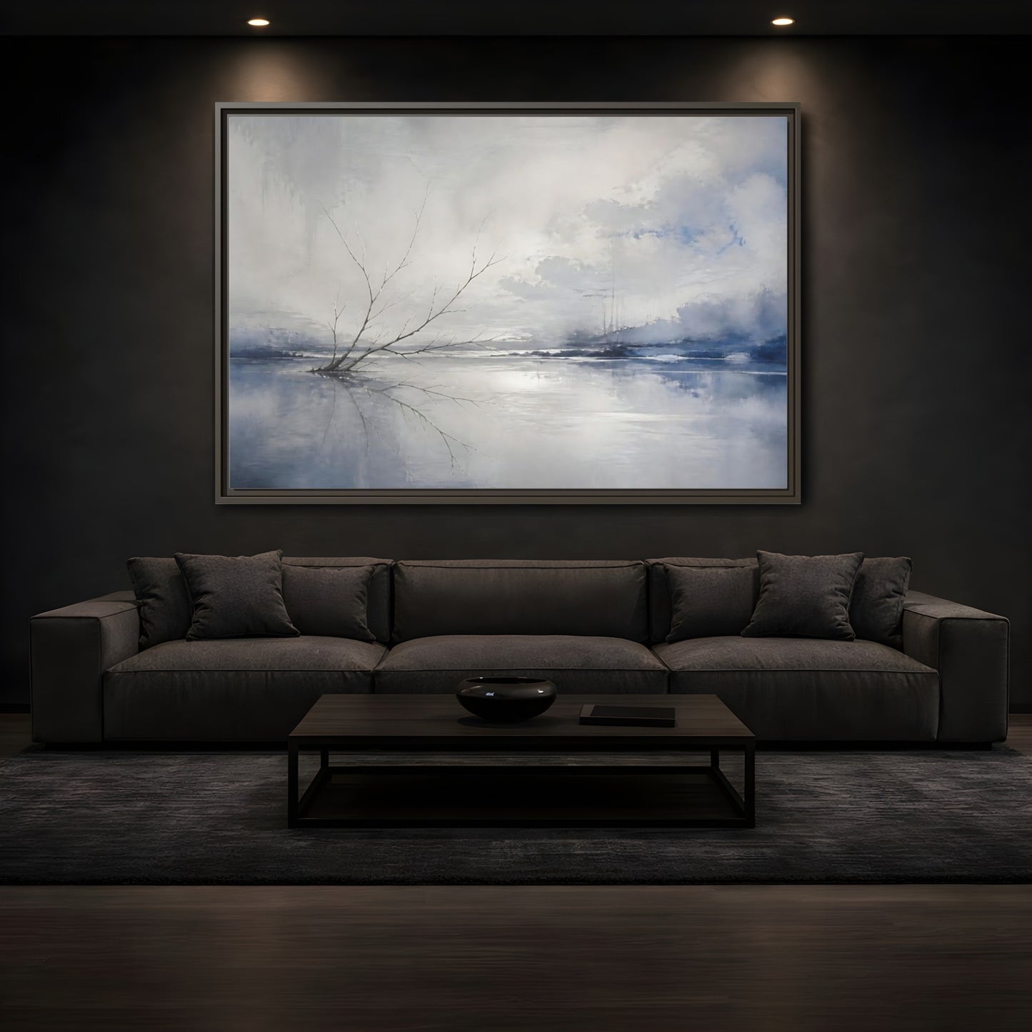 Mockup 3. Winter Branch Reflection shown as framed canvas print