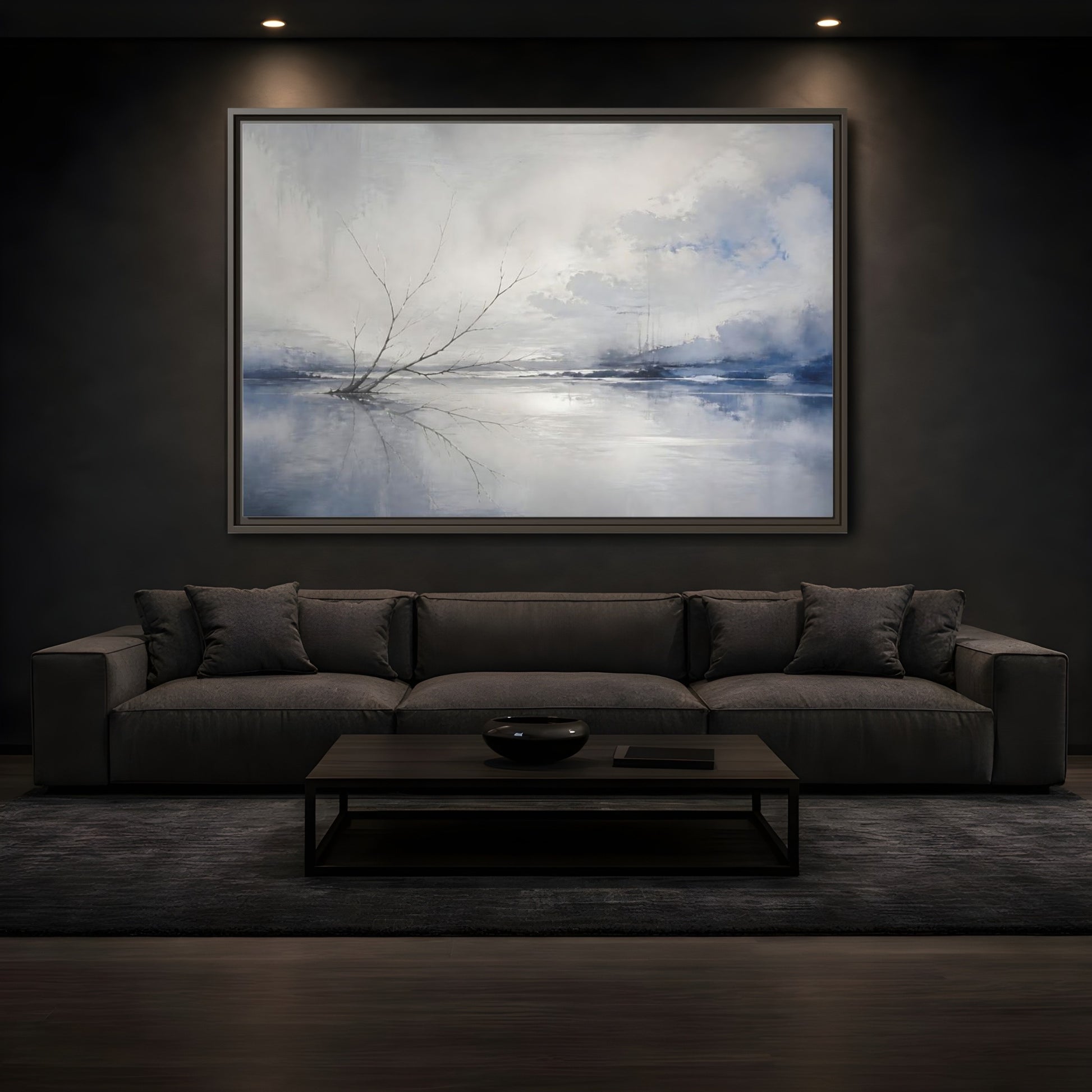 Mockup 3. Winter Branch Reflection shown as framed canvas print