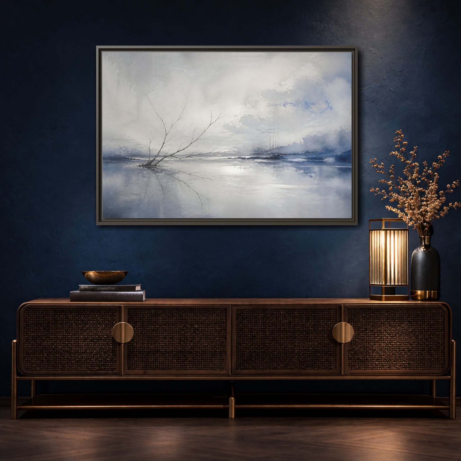 Mockup 4. Winter Branch Reflection shown as framed canvas print
