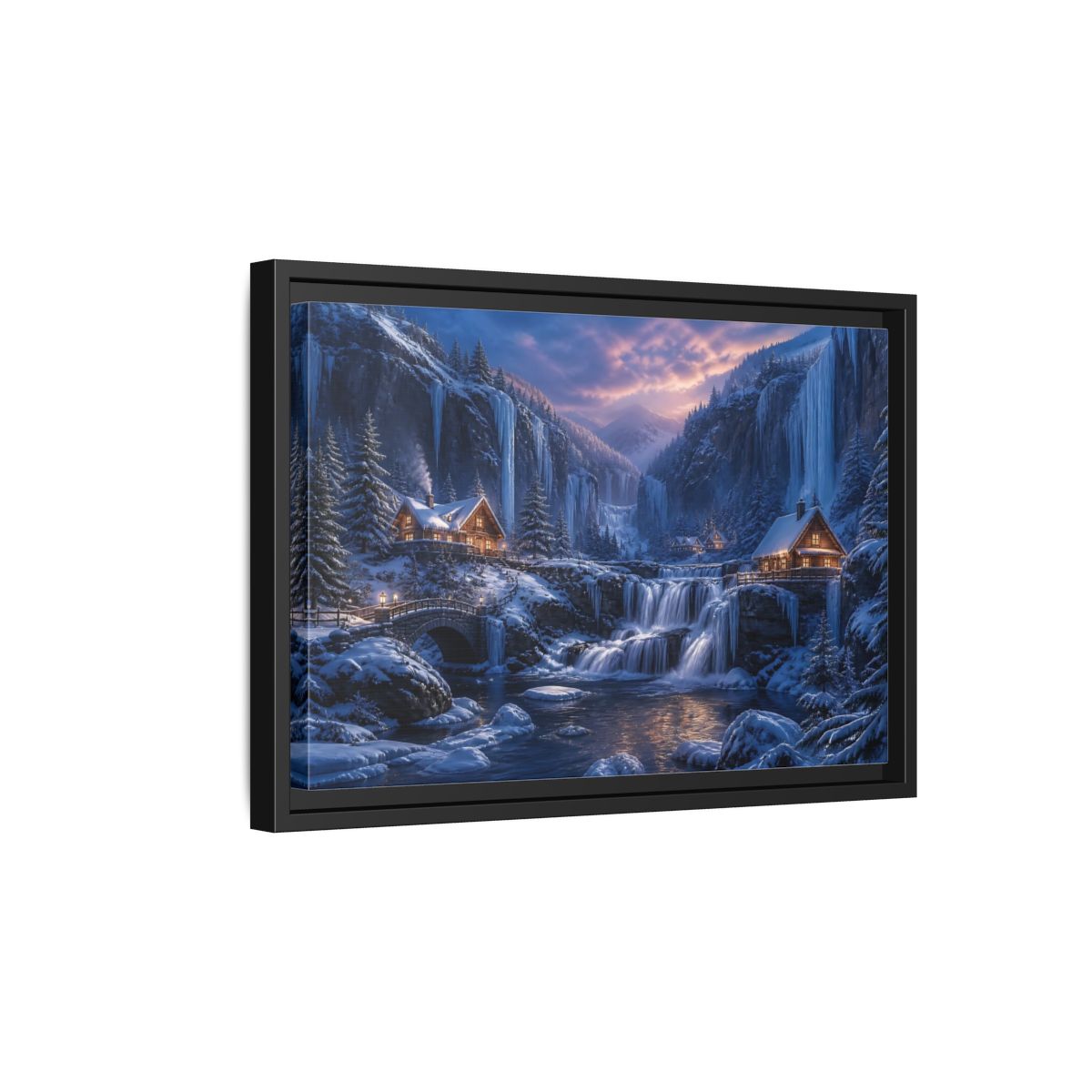 Side Mockup 6. Winter Cabin By Frozen Falls shown as framed canvas print