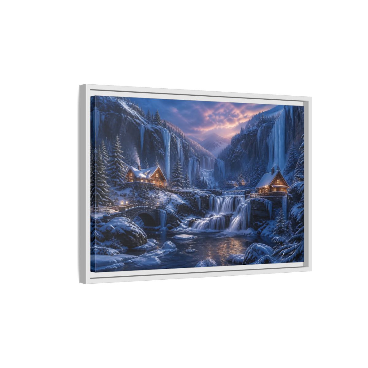 Side Mockup 1. Winter Cabin By Frozen Falls shown as framed canvas print