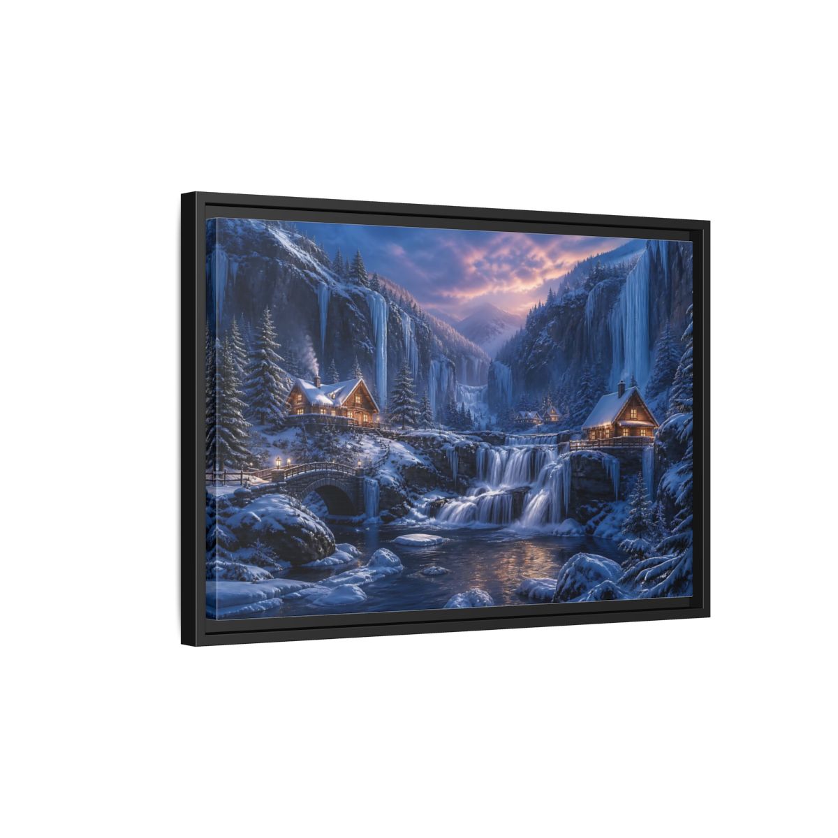 Side Mockup 3. Winter Cabin By Frozen Falls shown as framed canvas print