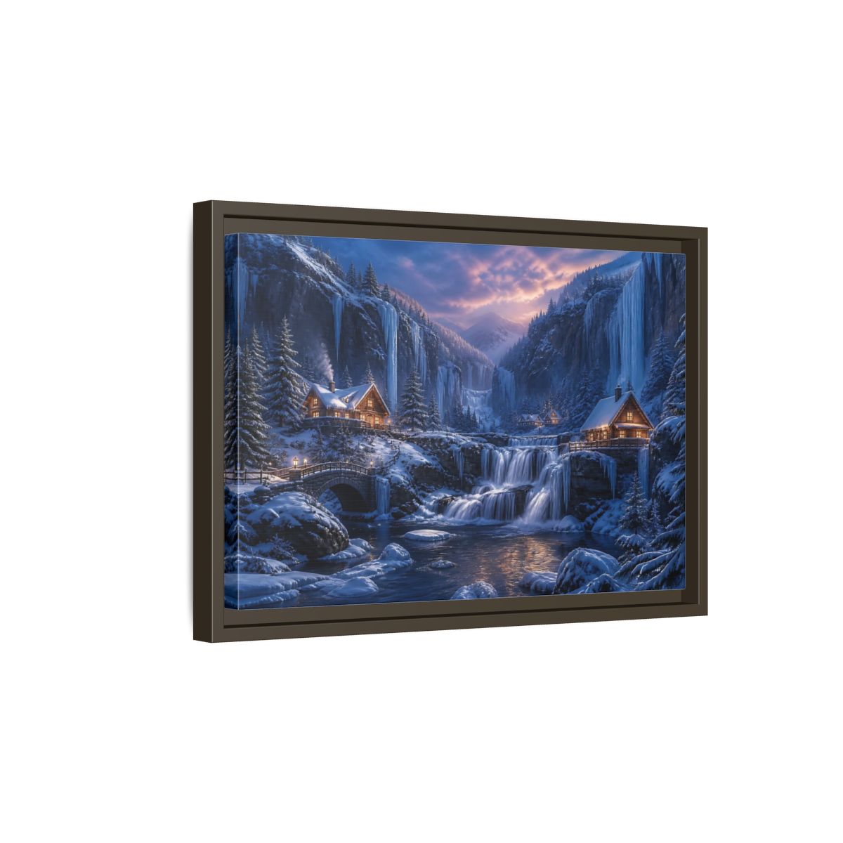 Side Mockup 5. Winter Cabin By Frozen Falls shown as framed canvas print