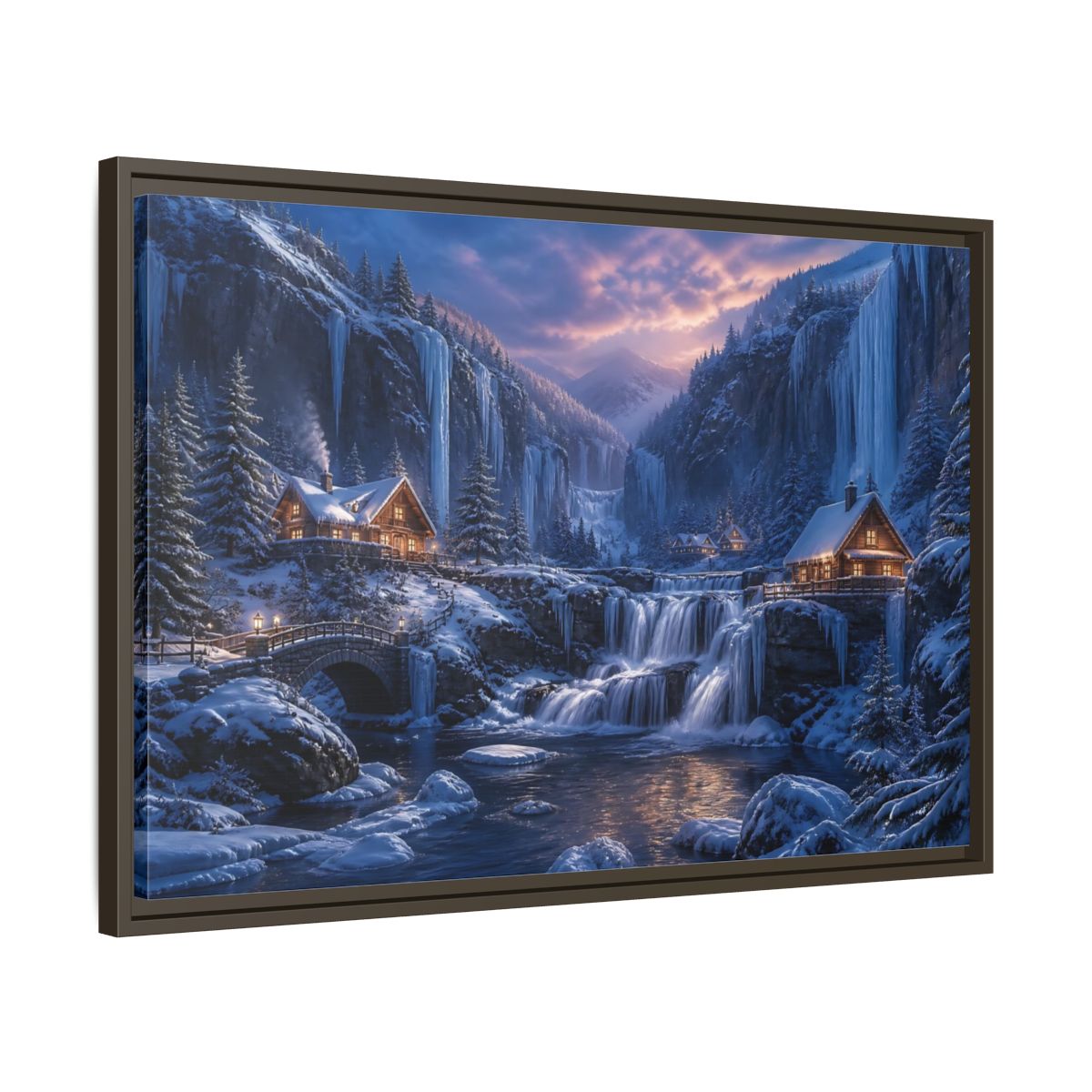 Side Mockup 11. Winter Cabin By Frozen Falls shown as framed canvas print
