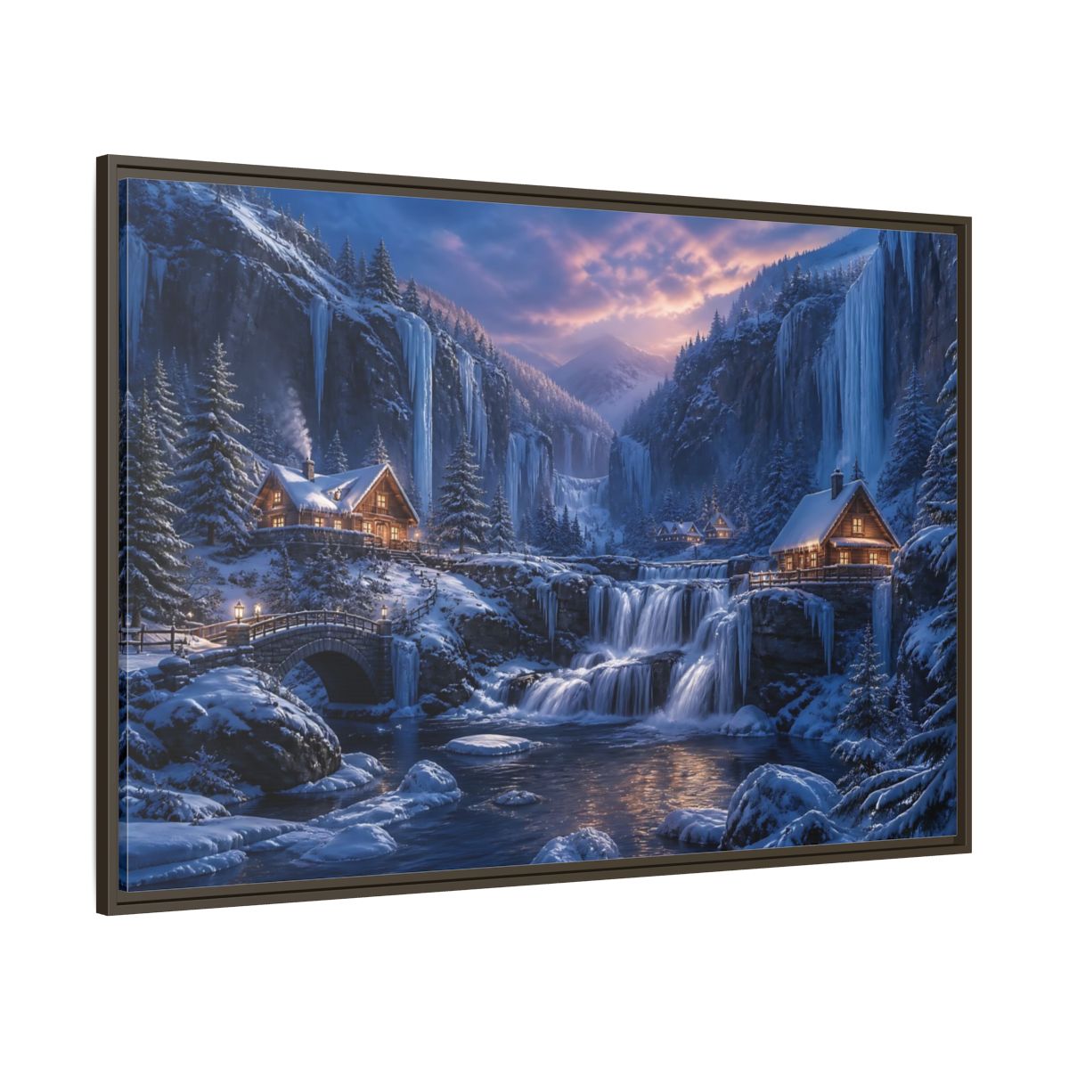Side Mockup 8. Winter Cabin By Frozen Falls shown as framed canvas print