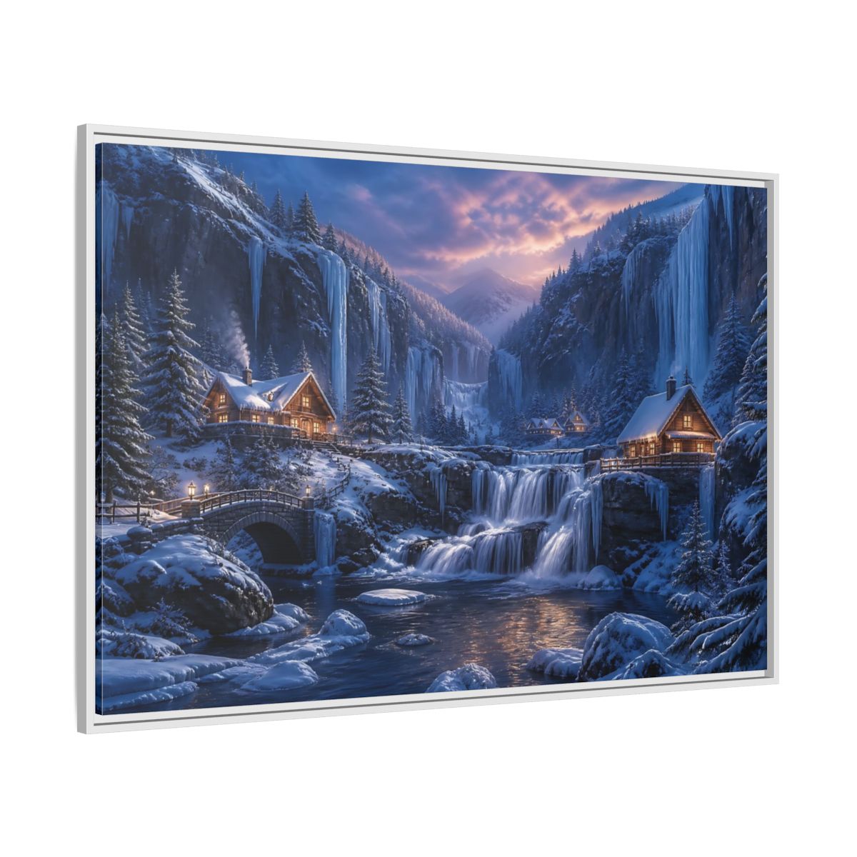 Side Mockup 7. Winter Cabin By Frozen Falls shown as framed canvas print